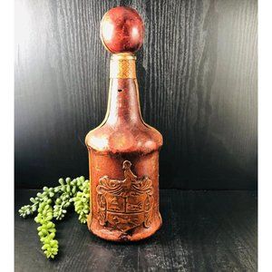 Vintage Italian Leather Decanter Wrapped Worn Rustic Over 11 Inches Hand Tooled